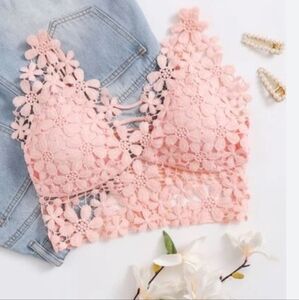LACE longline flower bralette pastel peach pink size Medium c021